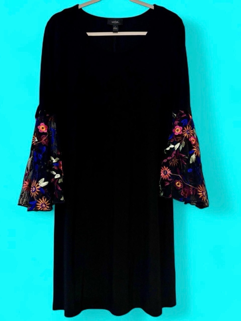 MSK Black Long Sleeve Dress with Multicolor Floral Embroidered Bell Sleeves